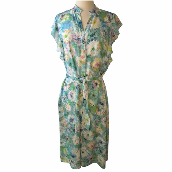 Catherine Malandrino Floral Midi Dress Large Ruffle Belted Pastel Blue Green - Picture 5 of 16